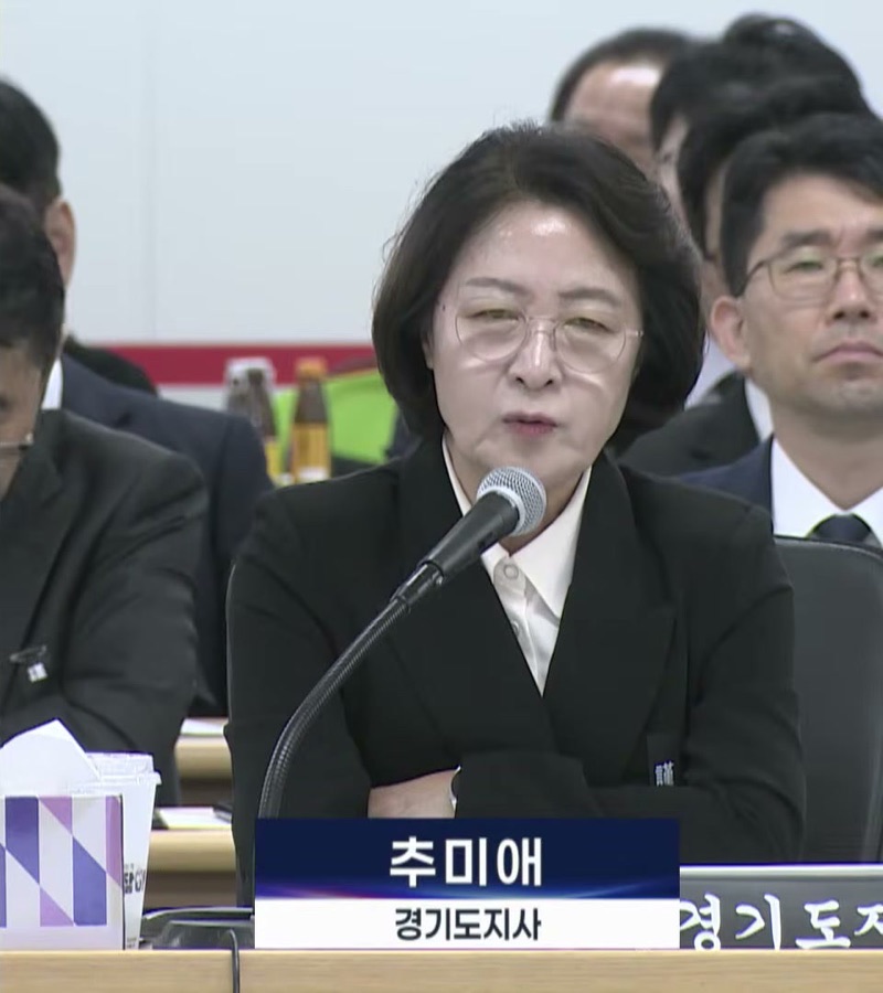 2026년 10월 19일 국회 국토교통위원회 경기도 국정감사(경기도청)에서 김은혜 국민의힘 의원의 '부동산 불로소득 환수 입장이 여전하냐'는 질의에 마이크를 잡고 답하는 추미애 경기도지사 — "지대개혁을 해서 불로소득에 의존하는 대한민국 경제를 개혁하자는 건 저의 신념"이라고 말하던 장면(국회방송 중계 2분할 화면, 약 3:32:25) (2분할 중계 화면의 오른쪽 절반만 잘라 씀)