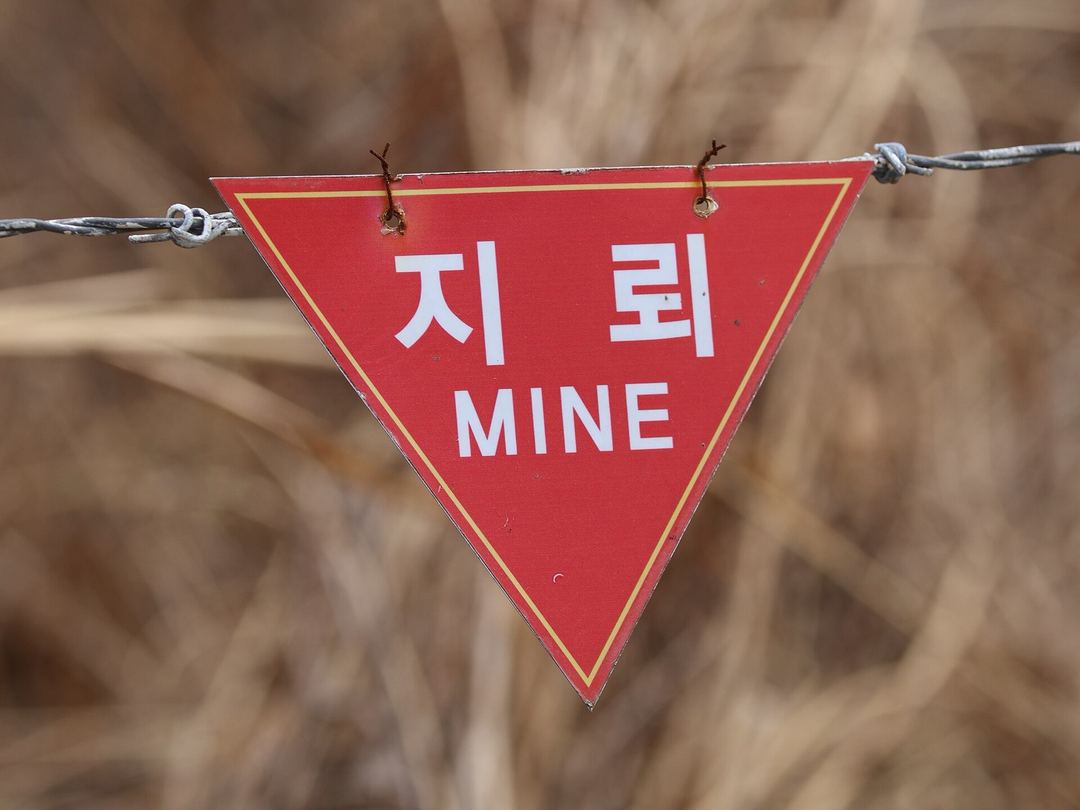 비무장지대 부근 철조망에 걸린 붉은 삼각형 '지뢰' 경고판 (2025년 4월)